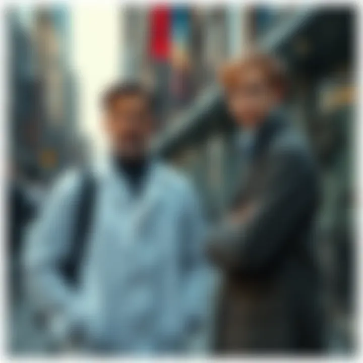 A scientist stands on a city street, looking surprised as a young man warns him about Alaska. The young man appears serious while the scientist displays a puzzled expression.