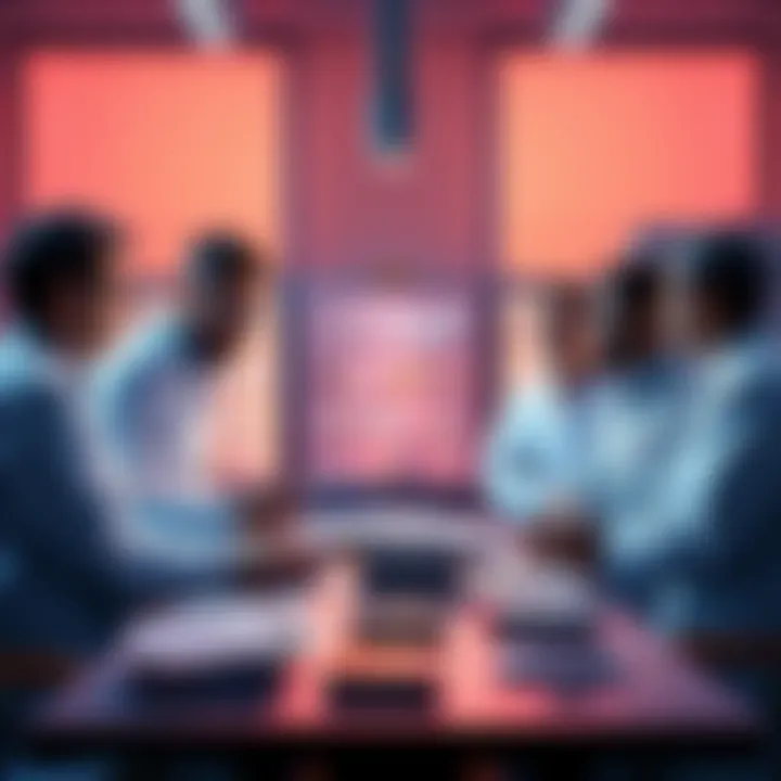 A group of scientists in a lab setting debating afterlife research, with books and notes scattered on the table.