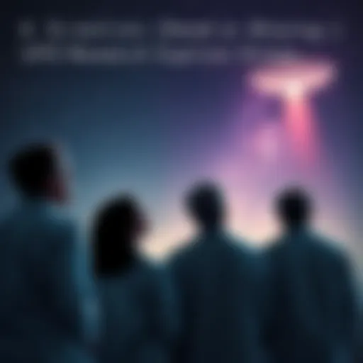 A group of scientists in lab coats looking up at a night sky filled with stars and a UFO silhouette, expressing concern on their faces.