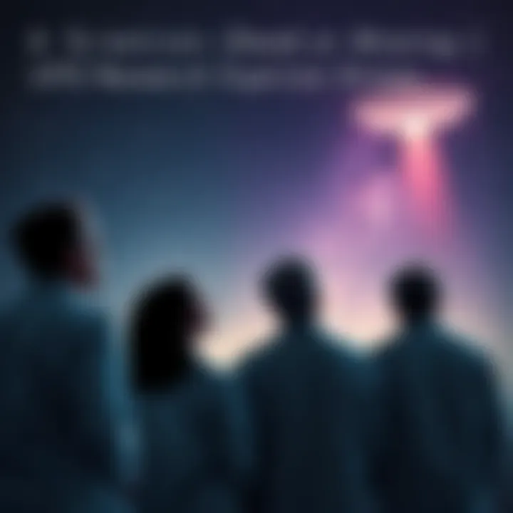 A group of scientists in lab coats looking up at a night sky filled with stars and a UFO silhouette, expressing concern on their faces.