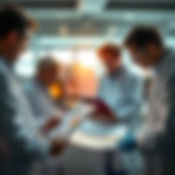 Group of scientists engaged in a serious conversation, examining papers and charts related to the P47 and P52 Theory.