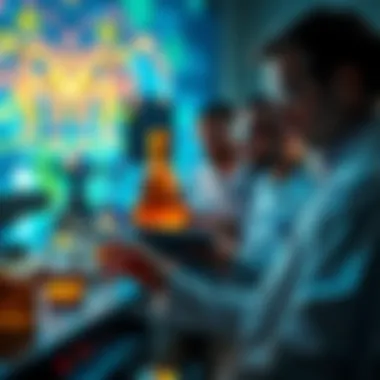 Scientists Exploring DMT Entities A group of scientists examining a visual representation of DMT entities interacting with human consciousness in a lab setting.