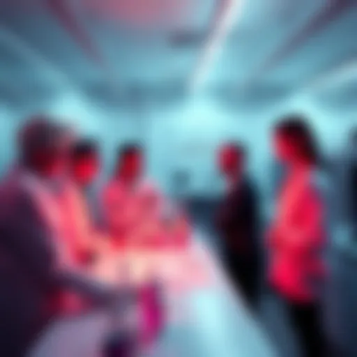 A group of scientists in a laboratory setting, discussing research related to plasma physics, with charts and equipment visible.