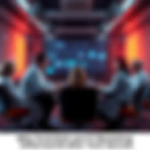 A group of scientists and engineers in a conference room discussing advanced technology in a serious atmosphere.