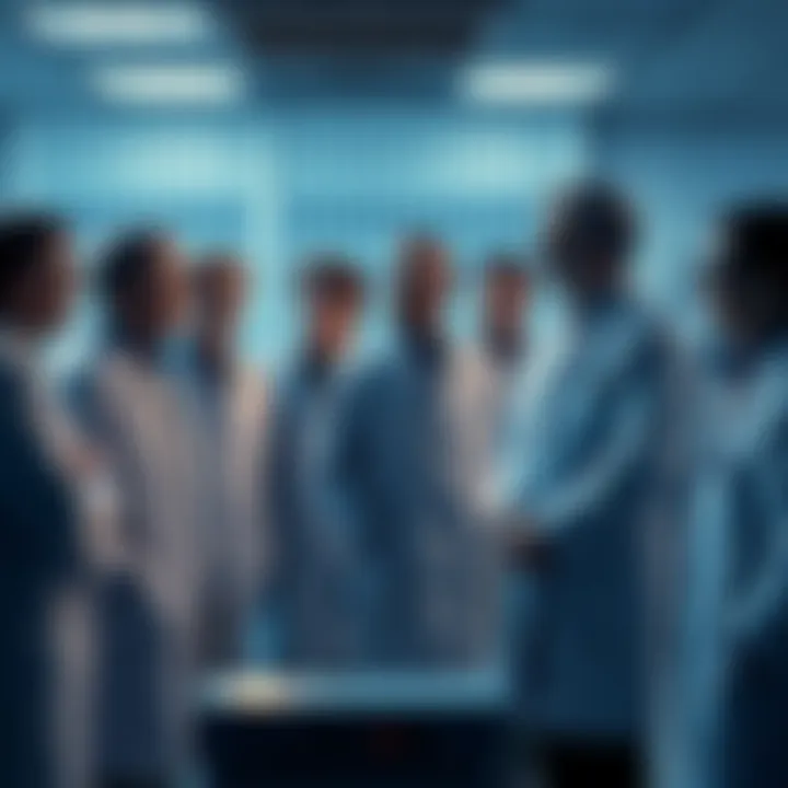 A group of scientists wearing lab coats in a laboratory setting, discussing data related to missile technology.