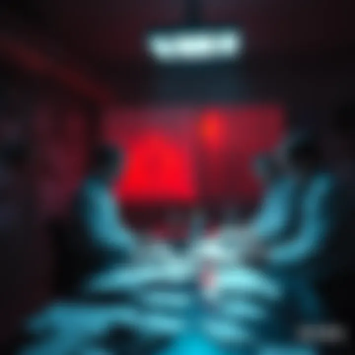 A group of concerned scientists discussing UAP research in a dimly lit room, papers scattered on the table.