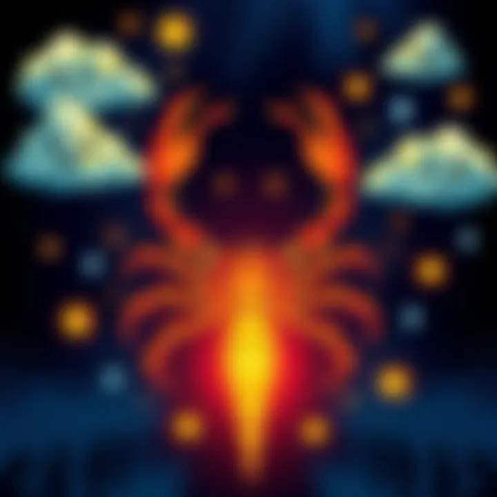 Illustration of the Scorpio zodiac sign surrounded by symbols representing emotions like clouds and tears, reflecting emotional exhaustion.