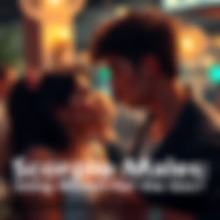 A Scorpio male flirting with a woman in a social setting, illustrating signs of attraction and interest, while she appears intrigued yet cautious.