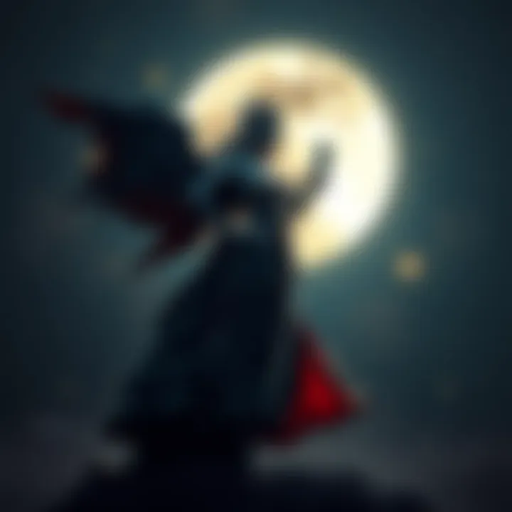 A powerful queen figure stands confidently under a full moon, surrounded by stars, symbolizing transformation and strength.