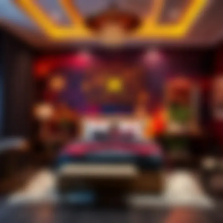 A stylish bedroom designed with Scorpio elements including deep colors, star motifs, and elegant decor. The room exudes warmth and passion.