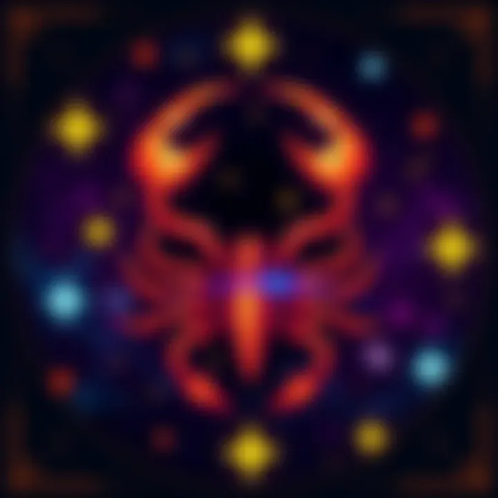 Scorpio Zodiac Sign with Stars Illustration of the Scorpio zodiac sign surrounded by stars and symbols representing its top romantic matches