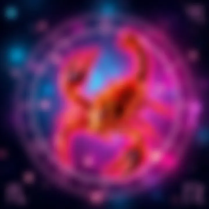 A vibrant zodiac sign representing Scorpio with stars and celestial symbols in the background, indicating today's astrology insights for Scorpios.