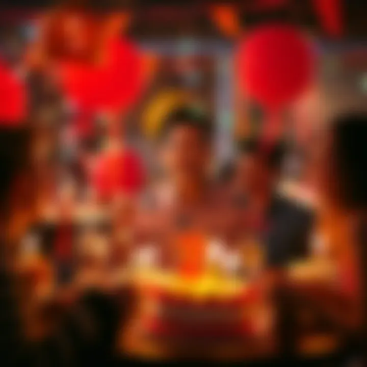 A Scorpio individual stands confidently at a birthday party, surrounded by friends, smiling and embracing self-acceptance and personal growth.