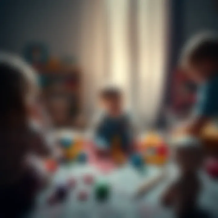A Scorpio child sits on the floor surrounded by colorful toys, engaged in an imaginative guessing game with friends, showcasing their creativity and emotional depth.