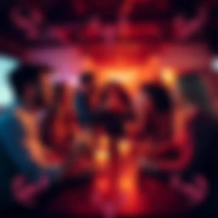 A group of Scorpios sharing laughs and connecting during a fun gathering with Scorpio symbols around them.