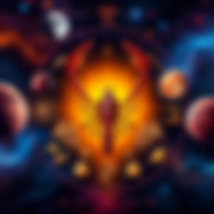 Artwork showing symbols and traits of the three Scorpio decans with a scorpion in the center