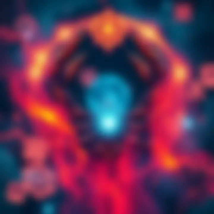 A cosmic illustration depicting the inner turmoil of Scorpios with astrological symbols and intense color contrasts