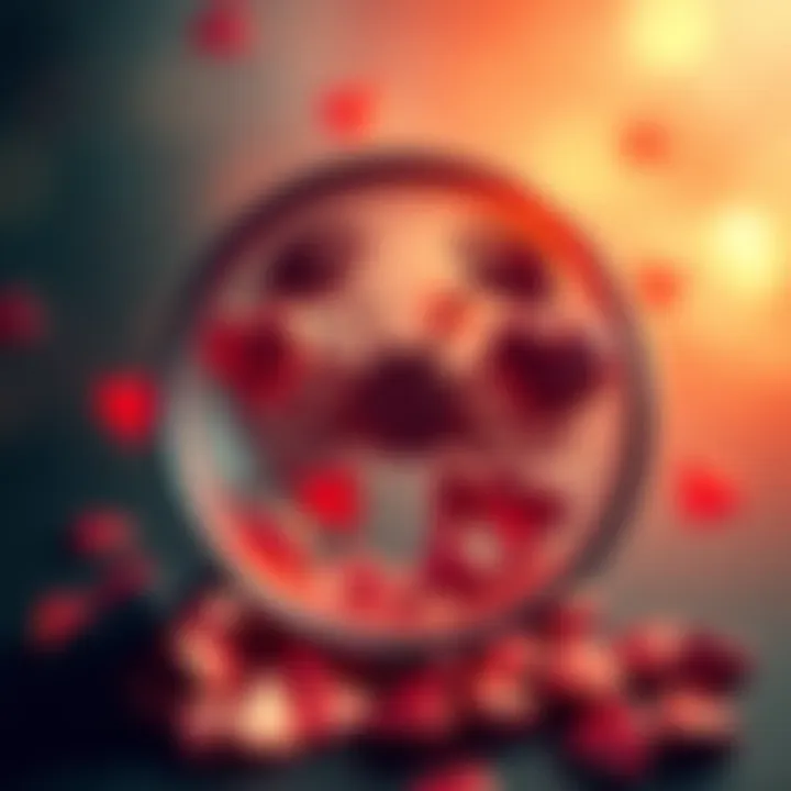 A Scorpio symbol with hearts and a magnifying glass, representing curiosity and feelings for a crush.