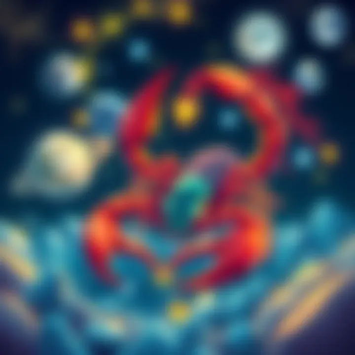 Scorpio Energy Illustration A vibrant illustration representing Scorpio energy, featuring a scorpion surrounded by cosmic elements like stars and planets, symbolizing personal growth and transformation.