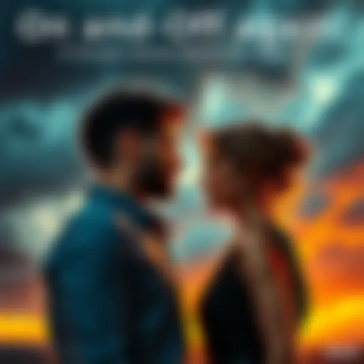 A Scorpio and Gemini couple facing each other, expressing intense emotions during a conversation, with stormy skies in the background symbolizing their tumultuous relationship.