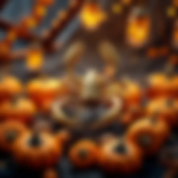 Scorpio zodiac symbol surrounded by Halloween pumpkins and decorations