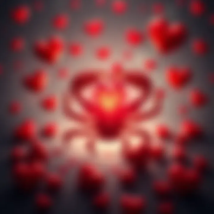 A deep red scorpion symbolizing Scorpio's passionate and intense approach to love, surrounded by hearts to represent commitment and vulnerability.