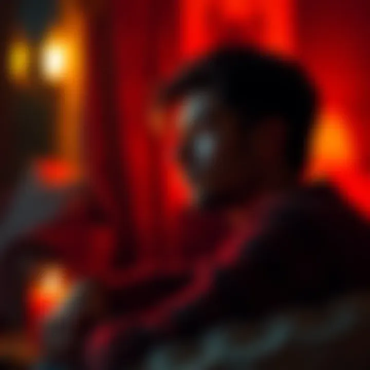 Scorpio in Love A Scorpio person gazing thoughtfully while sitting in a dimly lit room with warm colors, reflecting on emotional connections and relationships.