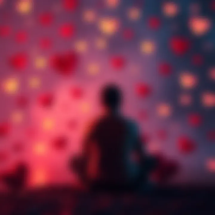 A Scorpio person sitting contemplatively, surrounded by heart symbols, reflecting on love and devotion in relationships.