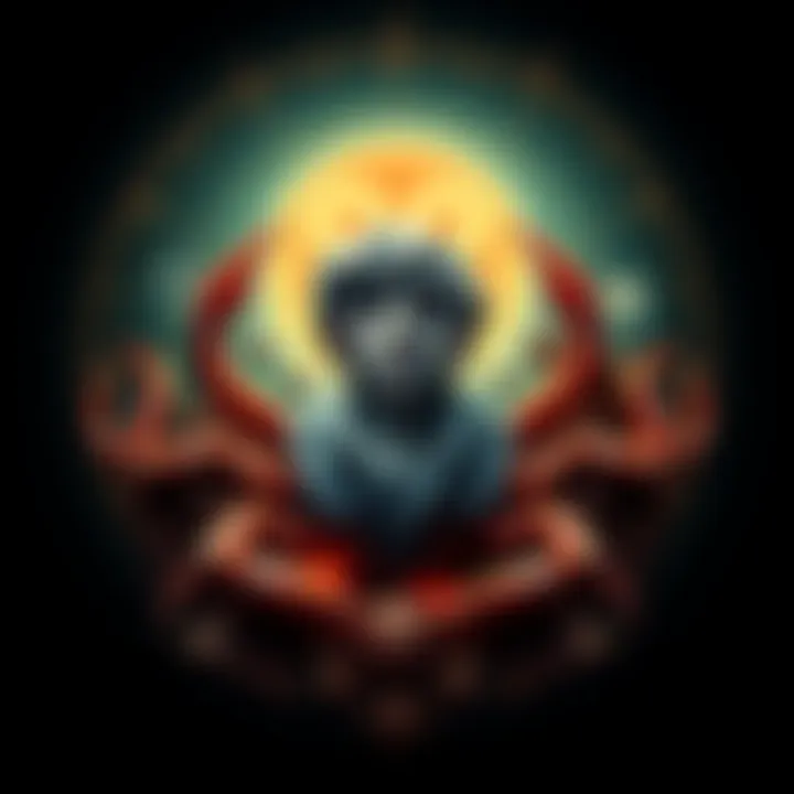 A stylized Scorpio zodiac symbol depicting a figure with a jealous facial expression surrounded by astrological elements
