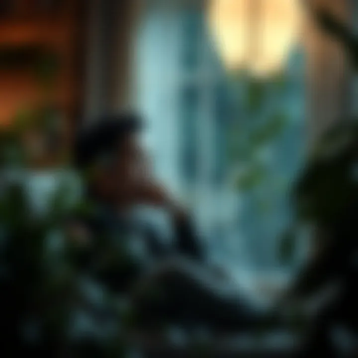 Scorpio Moon and Leo Sun Person Reflecting A person with a thoughtful expression sits in a cozy room, surrounded by soft lighting and plants, symbolizing introspection and emotional depth.