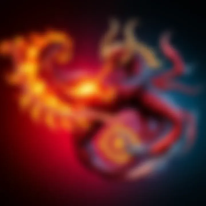 A striking depiction of Scorpio and Leo symbols intertwined with fiery and watery elements, showcasing their intense relationship dynamics.