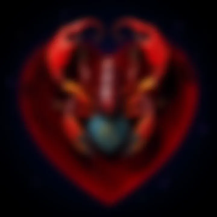 A deep red scorpion on a heart-shaped background symbolizing intense loyalty in relationships