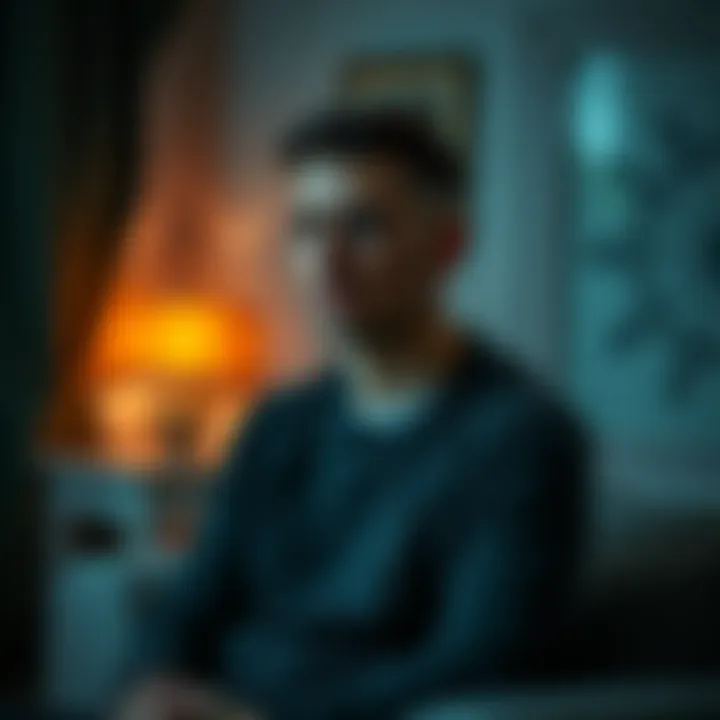 Scorpio man looking contemplative A man with a serious expression, sitting alone in a cozy room, reflecting on his thoughts