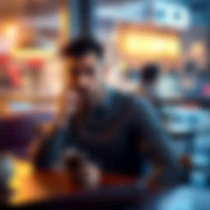 A thoughtful Scorpio man pondering about meeting someone in person while sitting at a coffee table with a phone in hand, looking contemplative.