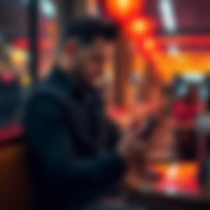 A Scorpio man sitting alone at a cafe, looking contemplative while gazing at his phone, reflecting on dating decisions.