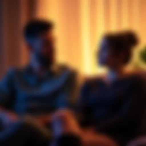 A Scorpio man and woman sitting close together, but the man appears distant and disengaged while the woman looks concerned. They are surrounded by soft lighting in a cozy setting.