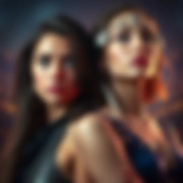 Two women representing Scorpio Mars and Gemini Venus traits, one appears serious and devoted, the other playful and flirty.