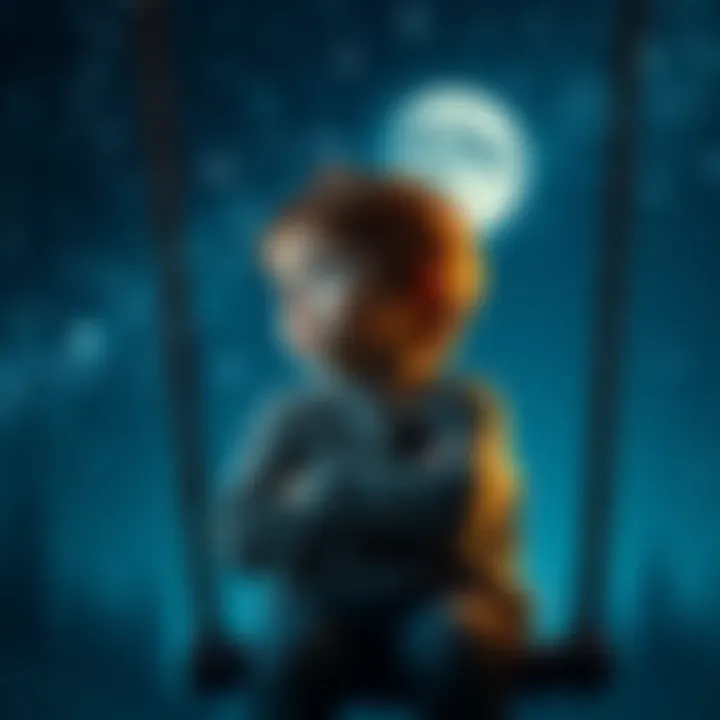 A young child sitting on a swing, looking thoughtful and emotional, with a night sky filled with stars in the background.