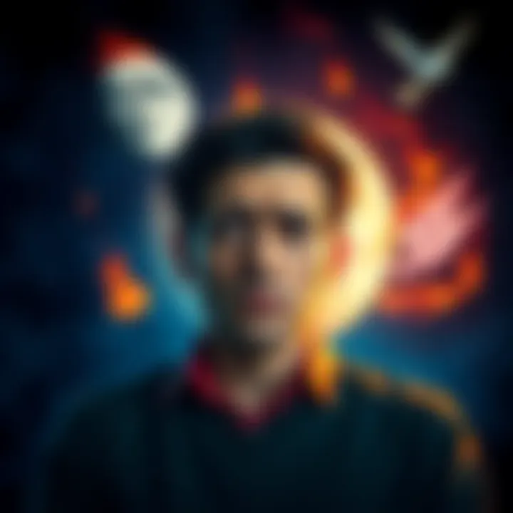A person looking stressed while surrounded by symbols representing fire and air signs, conveying the emotional struggle of having a Scorpio moon.