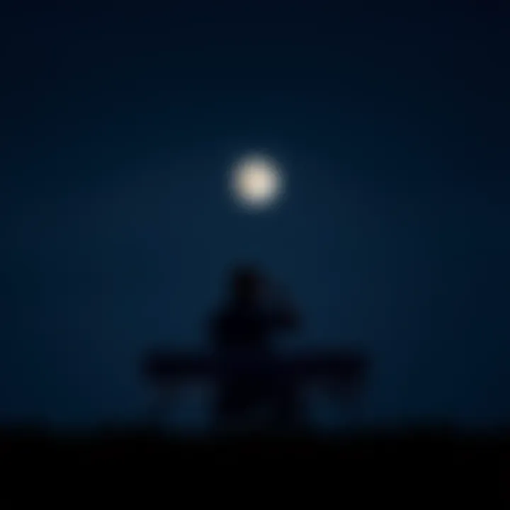 A person sitting alone on a bench under a night sky, appearing reflective and emotional, with a full moon glowing above.