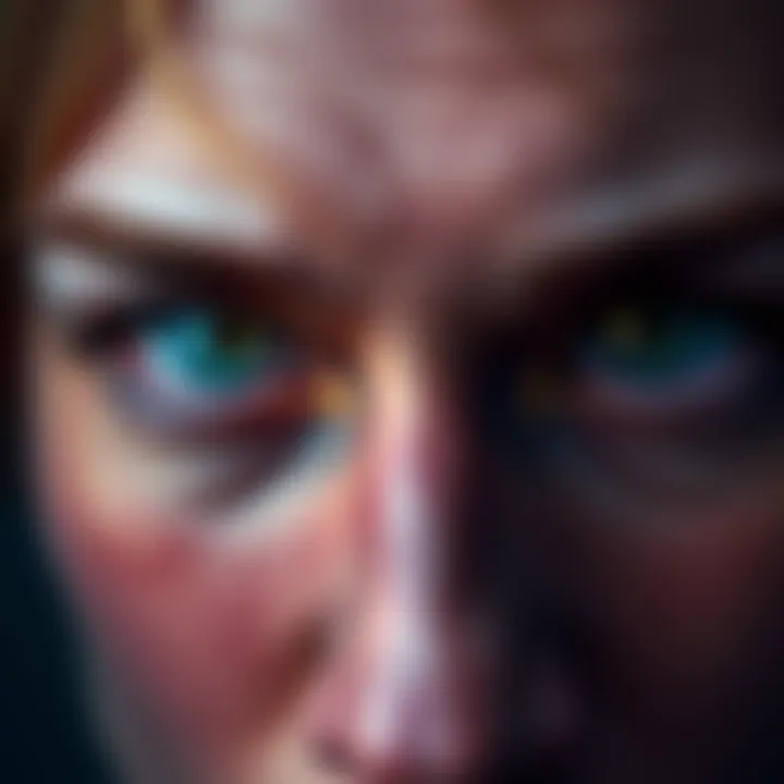 A close-up of a person's intense eyes reflecting a starry sky, symbolizing Scorpio moon energy and deep connections through eye contact.