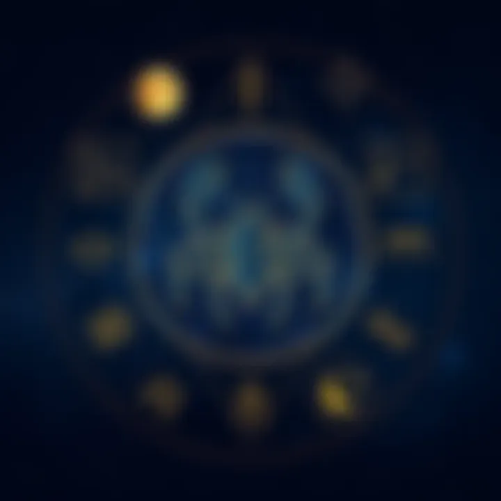 A Scorpio moon symbol surrounded by icons representing projectors, manifestors, and reflectors in human design. The background is a starry night sky.