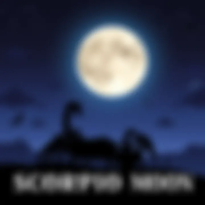 Scorpio Moon Illustration A dark, mystical night sky with a full moon symbolizing Scorpio. The image features a scorpion silhouette in the foreground, representing the strength and resilience of Scorpio Moon placements.
