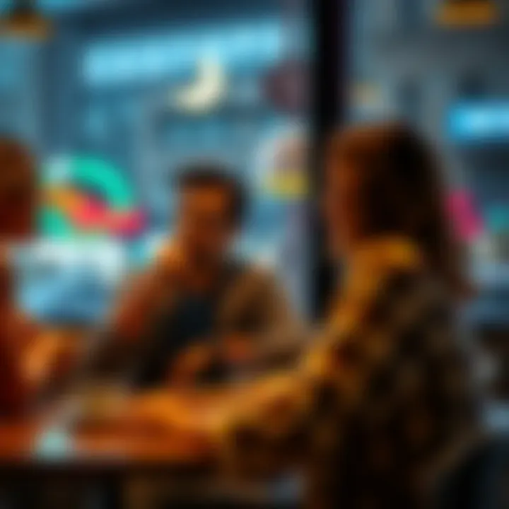 A man with intense emotions sits at a coffee shop table, looking thoughtfully while a woman observes him from across the room, illustrating their complex connection.