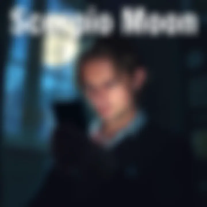 Scorpio Moon Returns A person looking at their phone with a puzzled expression, surrounded by a darkened room symbolizing emotional confusion, with moonlight shining through the window.