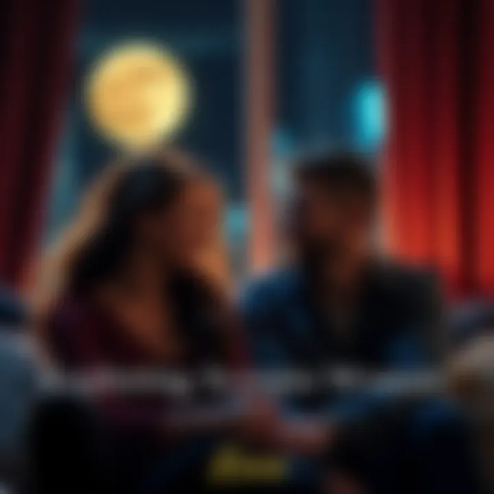 A Scorpio Moon woman and a Scorpio Sun man share a loving moment, smiling and looking at each other in a cozy setting, symbolizing their emotional connection and compatibility.