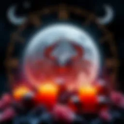 A Scorpio moon symbol surrounded by artistic elements representing creativity and passion, with a dark, starry background