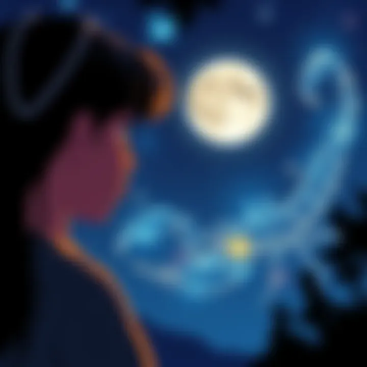 An illustration showing a person gazing thoughtfully at the night sky, highlighting the moon with a scorpion symbol, reflecting complex emotions and relationships.