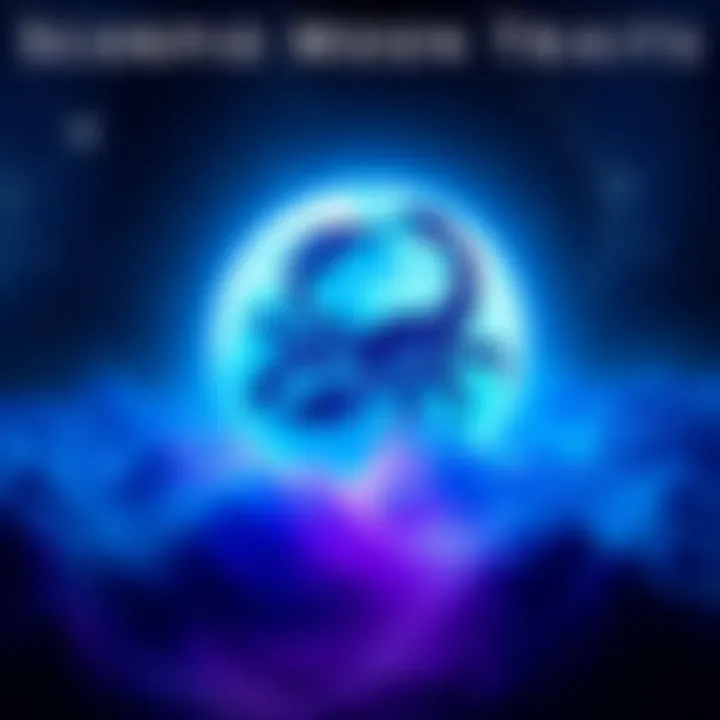 Illustration showing a Scorpio moon symbol with deep blue and purple hues, surrounded by swirling stars, representing emotional depth and complexity.