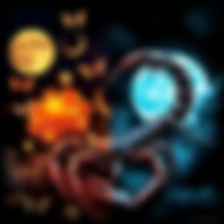 A collage showing both positive and negative traits of Scorpio moon individuals, featuring symbols of emotion and intensity, such as a scorpion and a full moon.